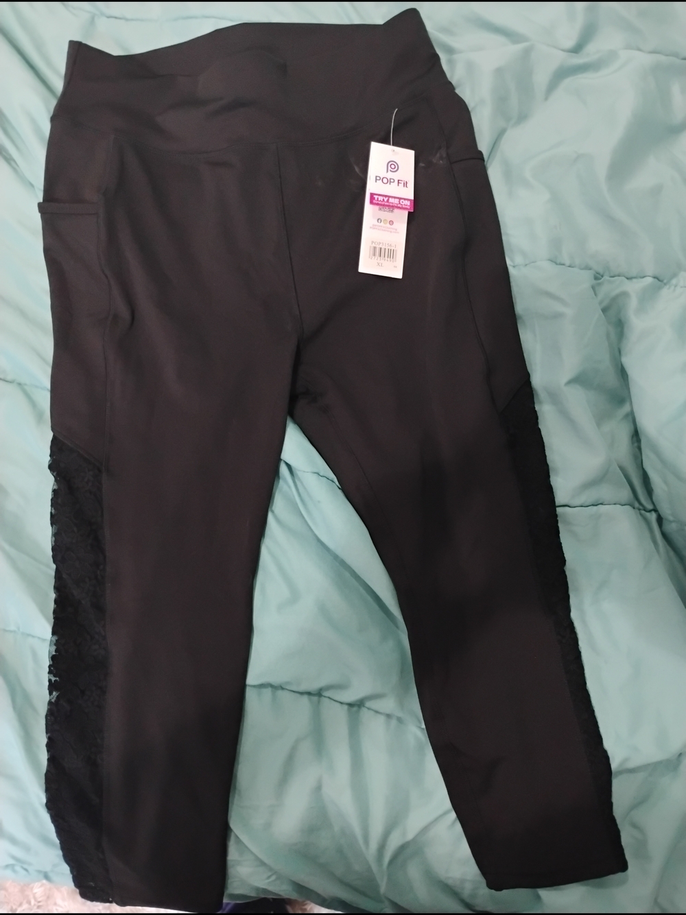 POP fit Amelia Crop Black Capri Leggings with Lace Inset and Pockets